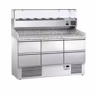 Commercial Pizza Prep Counter - Granite Top ECO - 1400x700mm - with 0 doors & 6 drawers 1/2 - incl. refrigerated topping unit with glass sneeze guard - 6x GN 1/4