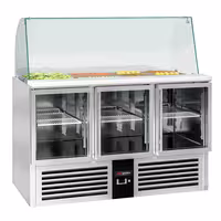 Pult za pripremu salate PREMIUM - 1368 mm - 3 staklena vrata - s visokom staklenom nadogradnjom za 4x GN 1/1
