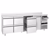 Stół chłodniczy barowy do napojów PREMIUM – 2690 x 600 mm – z 1 drzwiami, 6 szufladami, rantem i odbijakiem do kawy