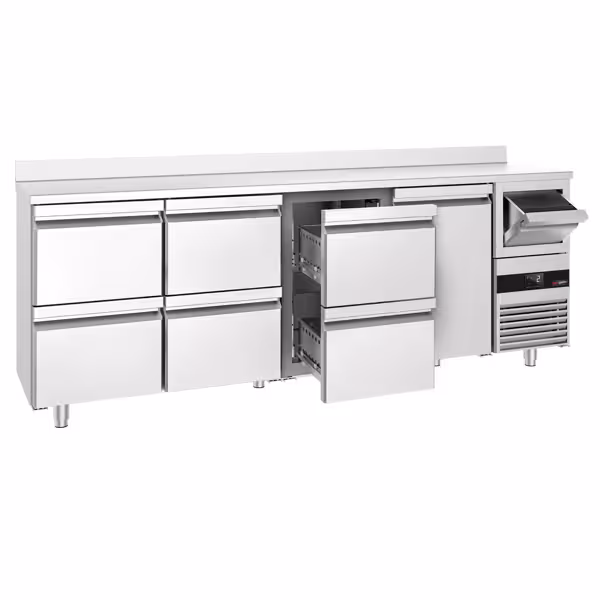 Stół chłodniczy barowy do napojów PREMIUM – 2690 x 600 mm – z 1 drzwiami, 6 szufladami, rantem i odbijakiem do kawy