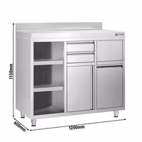 Mesa de trabalho mural - para máquina de café - 1292x600mm - com portas de batente, 2 gavetas, caixote de lixo & espelho sanitário