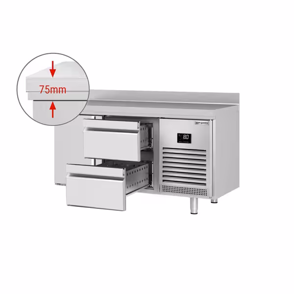 Külmtöölaud PREMIUM PLUS - 1468x700 mm - 305 l - ventileeritud jahutus - koos 1 uksega - roostevabast terasest tööpind tagaservaga