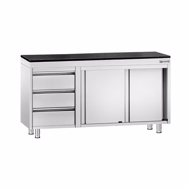 Rozsdamentes acél munkaszekrény PREMIUM – 1400x700 mm – 3 fiókkal bal oldalon – gránit munkalapmal