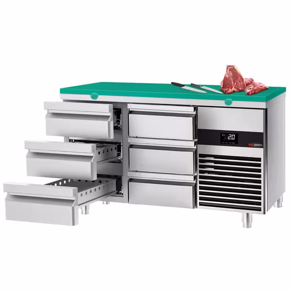 Aukstuma galds PREMIUM - 1400x700 mm - 281 l - Krāsa zaļa - ar 6 atvilktnēm - iesk. griešanas dēli zaļa