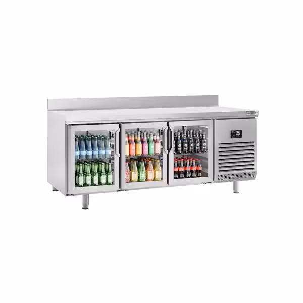 Stół chłodniczy barowy do napojów Premium PLUS – 1960 x 600 mm – z 3 drzwiami szklanymi i rantem