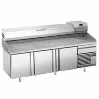 Stół chłodniczy do pizzy Premium PLUS – 2305 x 800 mm – z 3 drzwiami i 1 szufladą – wraz z witryną chłodniczą – 10 pojemników GN 1/3
