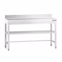 Rozsdamentes acél munkaasztal PREMIUM - 1400x800 mm - alsó polccal & hátsó peremmel & lábösszekötővel