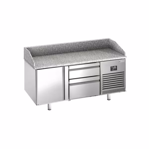 Stół chłodniczy do pizzy PREMIUM PLUS - 1490x700mm - z blatem granitowym - 1‑drzwiowy, 2 szuflady