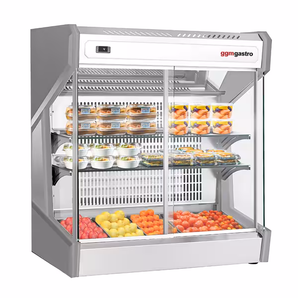 Pöytämallinen kylmävitriini - käyttöön: 5x GN 1/3, 40 mm syvyys - 220 l - 1003 mm - 2 lasiovea - 2 hyllyä - peilitausta - liukuovet