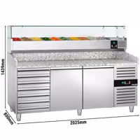 Pizzapult ECO - 2025x800 mm - 2 ajtó + 7 fiók - feltéthűtővel - 9x GN 1/3 - gránit munkalappal