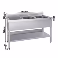 Stainless Steel Commercial Sink Unit ECO - 1600x600mm - with Double Bowl Right-hand - with Undershelf - with Upstand