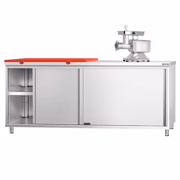 Arbetskåp i rostfritt stål PREMIUM - 2000x600 mm - med 2 skjutdörrar - inkl. skärbräda röd