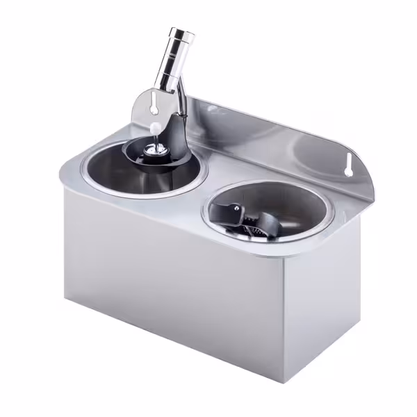 Dispozitiv clătire porționator înghețată - WATERSTOP - 312x161x210 mm - cu regulator integrat al jetului de apă & supapă antiretur & intrare apă 1/2” & montaj pe blat - incl. blende & sită & suport de montaj & sită pentru scurgere & tav