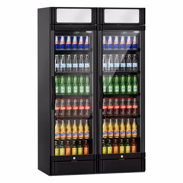 (2 buc) Vitrină frigorifică pentru băuturi - afișaj digital - 2 uși din sticlă batante & panou promoțional - temperatură +2/+10 °C - negru - 694 litri