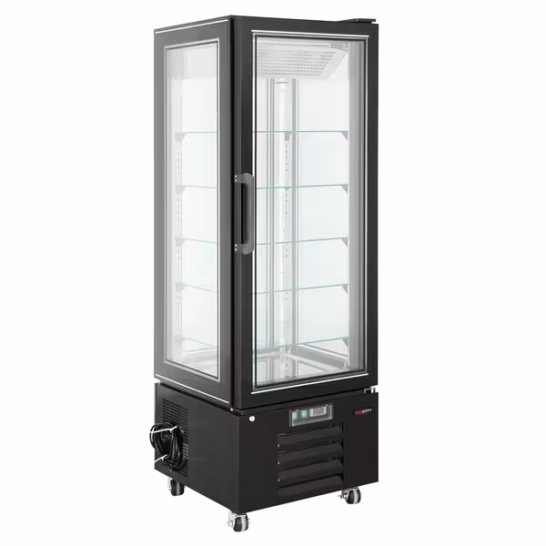 4-Sided Glass Display Fridge - 340L - 650mm - Double glazing - square - with 5 adjustable glass shelves - 1 rear glass door - Black