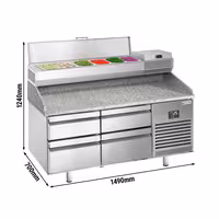 طاولة تحضير بيتزا مبردة PREMIUM PLUS - 1490x700 mm - 4 أدراج - سطح عمل جرانيت - شامل وحدة تبريد علوية - 6x GN 1/4