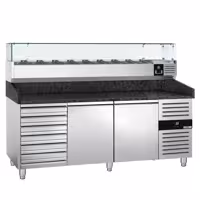 Pizzapult PREMIUM - 2025x800 mm - 2 ajtó + 7 fiók - feltéthűtővel üvegtetővel - 9x GN 1/3 - gránit munkalappal