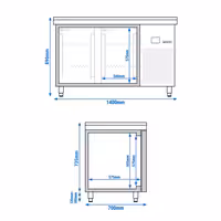Commercial Counter Fridge – 1400 × 700 mm – Rear Side with 2 Doors – Glass Front – incl. Granite Worktop