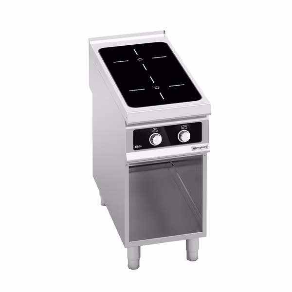 Ipari indukciós tűzhely - 900-as - főzősorba illeszthető - nyitott tárolórésszel - összteljesítmény: 10 kW - 2 zónás - Bflex Digital - 400x900x920 mm