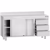 خزانة قاعدية ستانلس ستيل KOPENHAGEN ECO - 1600x600mm - أبواب منزلقة، ووحدة أدراج 3 يمين - مع حاجز خلفي
