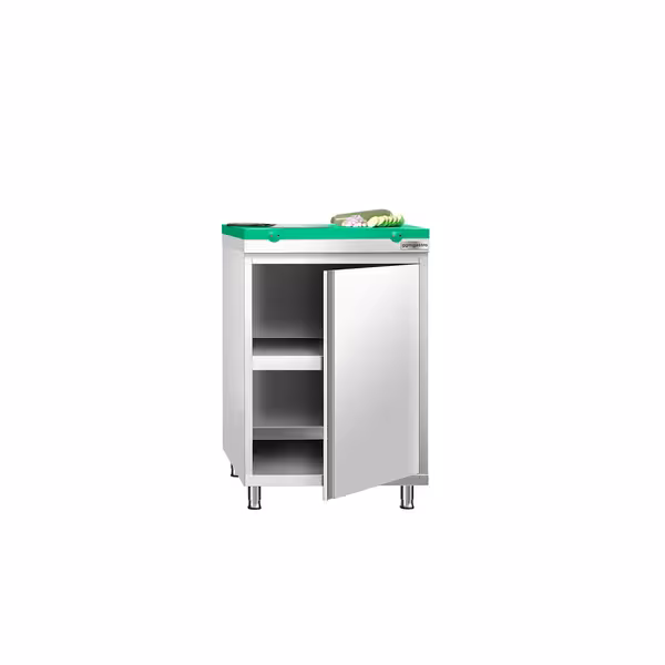 Arbetskåp i rostfritt stål PREMIUM - 600x700 mm - med 1 gångjärnsdörr - inkl. skärbräda grön