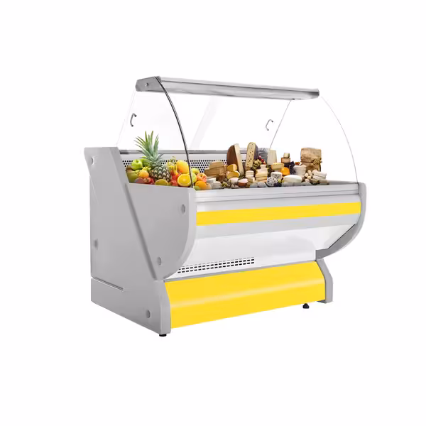 Csemegepult - 990x1150 mm - 250 liter - statikus - hajlított frontüveges - sárga - gránit munkalap