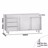 Kabinett tax-xogħol tal-azzar inossidabbli ECO – 1600 x 700 mm – b'3 tirnieri fuq in-naħa tax-xellug