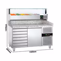 Stół chłodniczy do pizzy PREMIUM - 1500x800mm - z blatem granitowym - 1‑drzwiowy, 7 szuflad - z nadstawką chłodniczą z osłoną szklaną z oświetleniem LED - 5x GN 1/3 + 1x GN 1/2