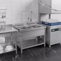 Stół zlewozmywakowy PREMIUM – stal nierdzewna – 1200 x 600 mm – z półką dolną – ze zlewem 2-komorowym pośrodku – z rantem