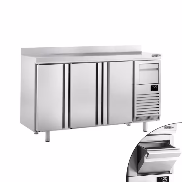 Stół chłodniczy barowy do napojów Premium PLUS – 1960 x 600 mm – z 3 drzwiami, rantem i odbijakiem do kawy