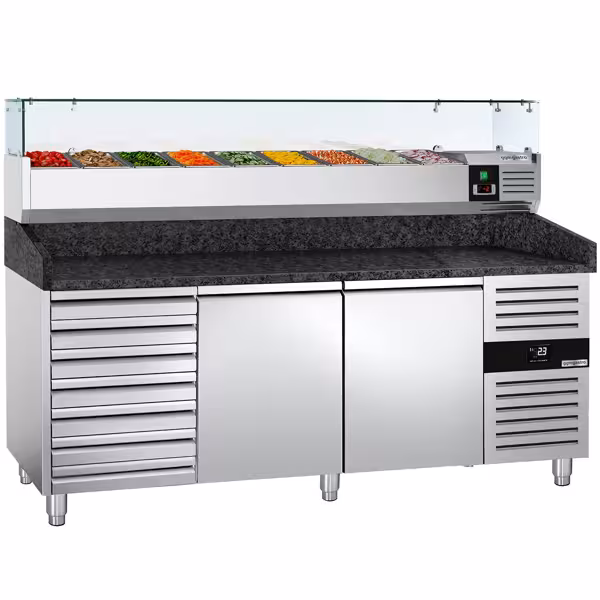 Stół chłodniczy do pizzy PREMIUM - 2025x800mm - z blatem granitowym - 2‑drzwiowy, 7 szuflad - z nadstawką chłodniczą z osłoną szklaną - 9x GN 1/3
