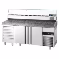 Stół chłodniczy do pizzy PREMIUM - 2100x800mm - z blatem granitowym - 2‑drzwiowy, 5 szuflad - z nadstawką chłodniczą z osłoną szklaną - 10x GN 1/3