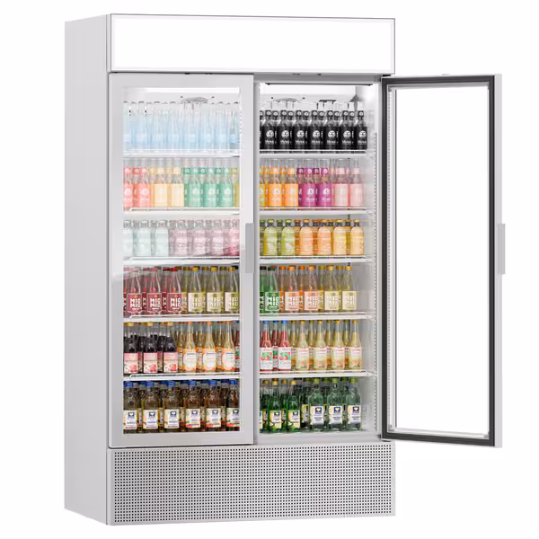Vitrină frigorifică pentru băuturi - ușă panoramică fără ramă - 1.200 litri - 2 uși din sticlă batante & panou promoțional - temperatură +1/+10 °C