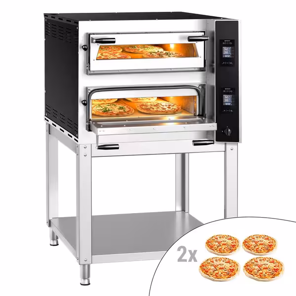 Electric Deck Pizza Oven - Twin Deck - Refractory Stone Deck - 4+4 x Ø 35cm (13.8") - 230V 3 Phase - Touchscreen Controls - up to 400°C - incl. Base frame