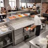 Table réfrigérée à pizza PREMIUM - 1400 x 700 mm - avec 6 tiroirs 1/2 - incl. vitrine réfrigérée 6 x GN 1/4