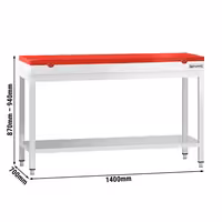 Nerūsējošā tērauda darba galds PREMIUM - 1400x700 mm - ar apakšējo plauktu - iekļauts griešanas dēlis sarkans