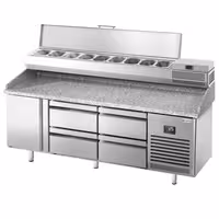 طاولة تحضير بيتزا مبردة PREMIUM PLUS - 1980x700 mm - مع باب واحد و 4 أدراج - سطح عمل جرانيت - شامل وحدة تبريد علوية - 9x GN 1/4