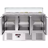 Stół chłodniczy sałatkowy ECO – 1368 mm – z 3 drzwiami – z nadstawką szklaną na 8x GN 1/6