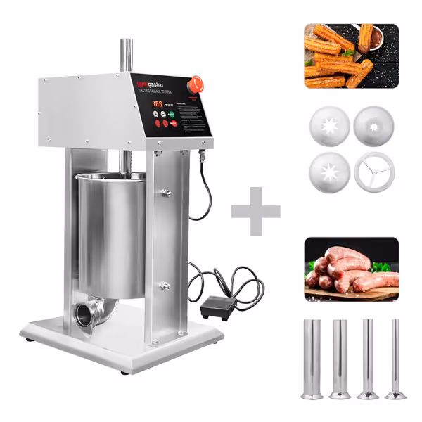 Motorlu Sucuk / Sosis Dolum Makinesi & Churros / Tulumba Makinesi - 10L - 90W - Paslanmaz Çelik - 4 Dolum Hunisi & 3 Churros Kalıbı Dahil