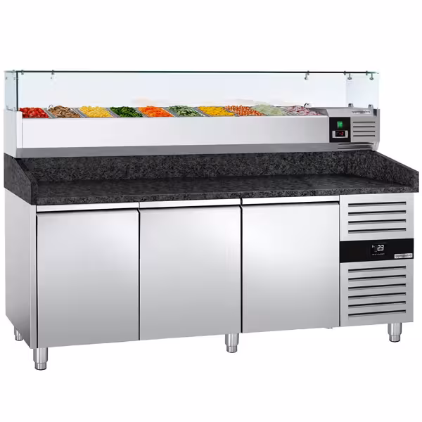 Stół chłodniczy do pizzy PREMIUM - 2025x800mm - z blatem granitowym - 3‑drzwiowy - z nadstawką chłodniczą z osłoną szklaną - 10x GN 1/4