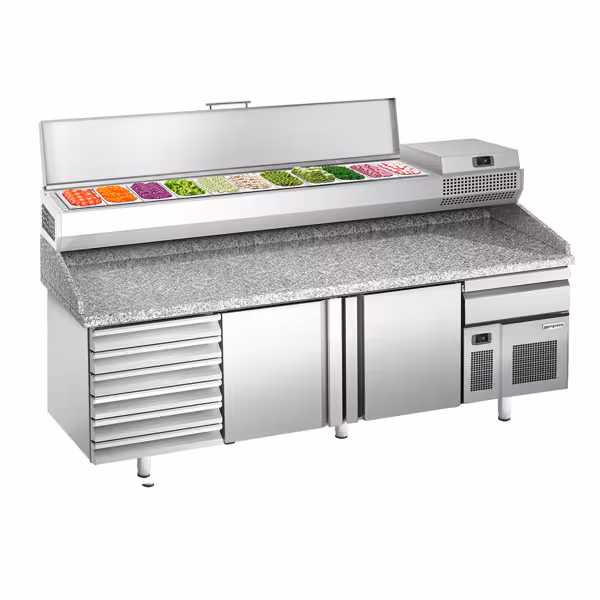 Stół chłodniczy do pizzy PREMIUM PLUS - 2305x800mm - z 2 drzwiami & 7 szufladami - włącznie z witryną chłodniczą nadstawną - 11x GN 1/4