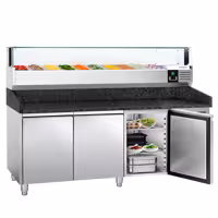 Table réfrigérée à pizza PREMIUM - 2000 x 800 mm - avec 3 portes - incl. vitrine réfrigérée LED - 10 x GN 1/4