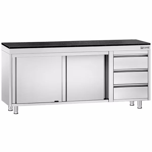 Rozsdamentes acél munkaszekrény PREMIUM – 2000x600 mm – 3 fiókkal a jobb oldalon – gránit munkalapmal