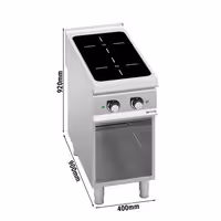 Ipari indukciós tűzhely - 900-as - főzősorba illeszthető - 400x900x920 mm - összteljesítmény: 10 kW - 2 zónás üvegkerámia - nyitott tárolórésszel
