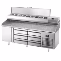 طاولة تحضير بيتزا مبردة PREMIUM PLUS - 1980x700 mm - مع باب واحد و 6 أدراج نصفية - سطح عمل جرانيت - شامل وحدة تبريد علوية - 9x GN 1/4