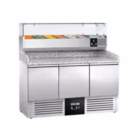 Pizzakylbänk PREMIUM - 1400x700 mm - 3 dörrar - inkl. kylränna med glastopp - 6x GN 1/4