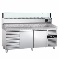Stół chłodniczy do pizzy ECO – 2000 x 800 mm – z 2 drzwiami i 7 szufladami – z witryną nadstawną chłodniczą LED na 10x GN 1/4