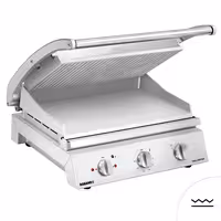 ROBAND | Kontaktinis grilis | Mėsainių grilis - 3.1 kW - su grioveliais viršuje ir lygia apačia - grilinimo paviršius: 500x275mm