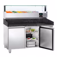 Table réfrigérée à pizza PREMIUM - 1500x800 mm - avec 2 portes - incl. vitrine réfrigérée LED - 5x GN 1/3 + 1x GN 1/2