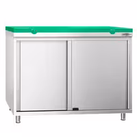 Arbetskåp i rostfritt stål PREMIUM - 1000x600 mm - med 2 skjutdörrar - inkl. skärbräda grön